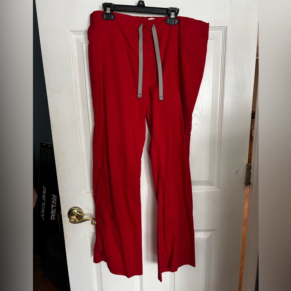 WonderWink Red Petite Scrub Pants with Gray Drawstring